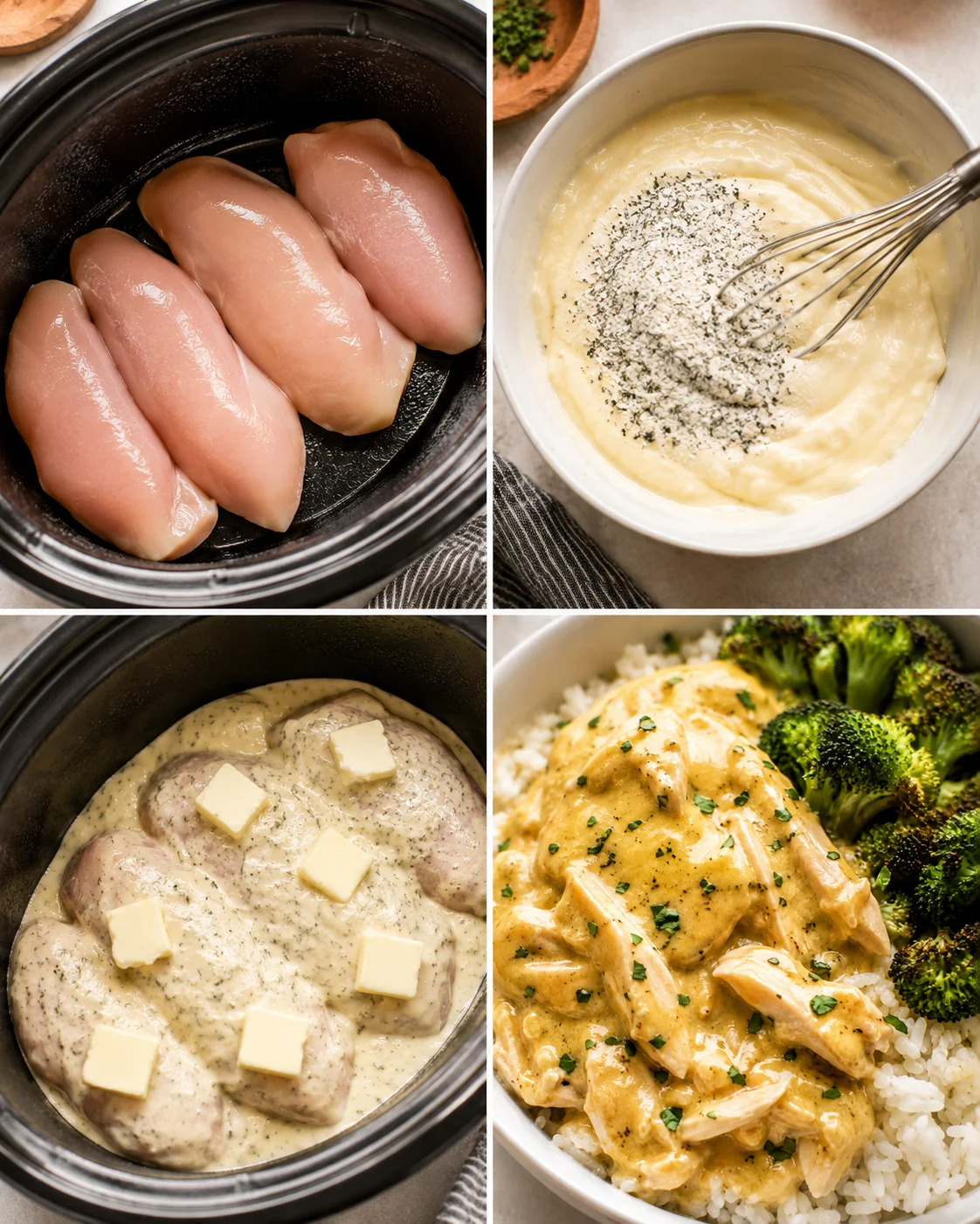Four-panel collage showing placing chicken in the slow cooker, whisking the creamy sauce with ranch mix, butter pats on the chicken, and the finished plateddish