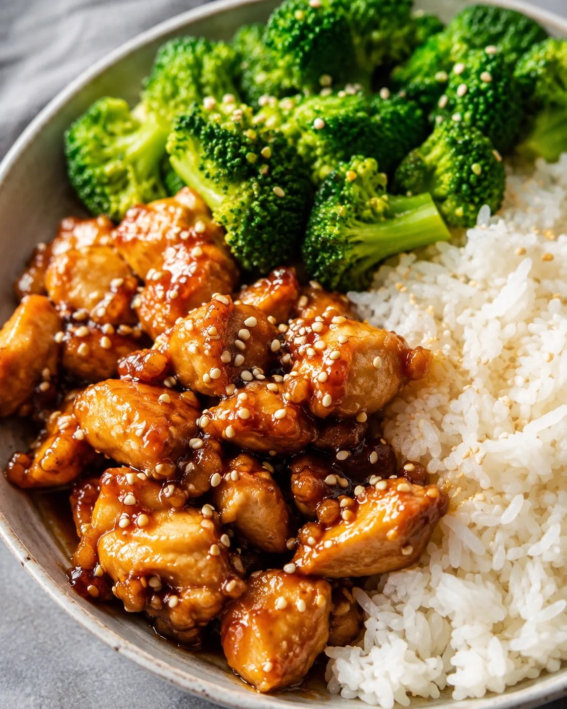 Crockpot teriyaki chicken glazed and sprinkled with sesame seeds served with rice and broccoli in a bowl