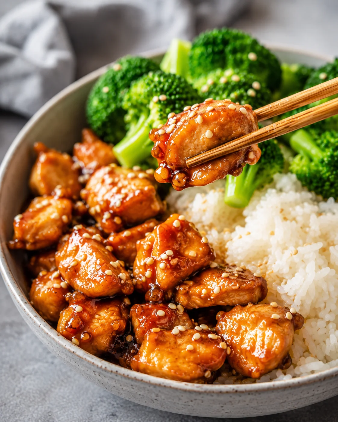 A piece of Crockpot teriyaki chicken held with chopsticks above a bowl of rice and broccoli