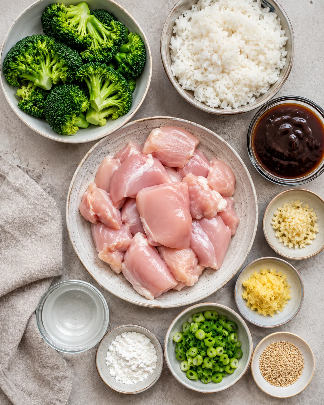 Top-down arrangement of raw chicken, teriyaki sauce, garlic, ginger, cornstarch, rice, broccoli and other ingredients