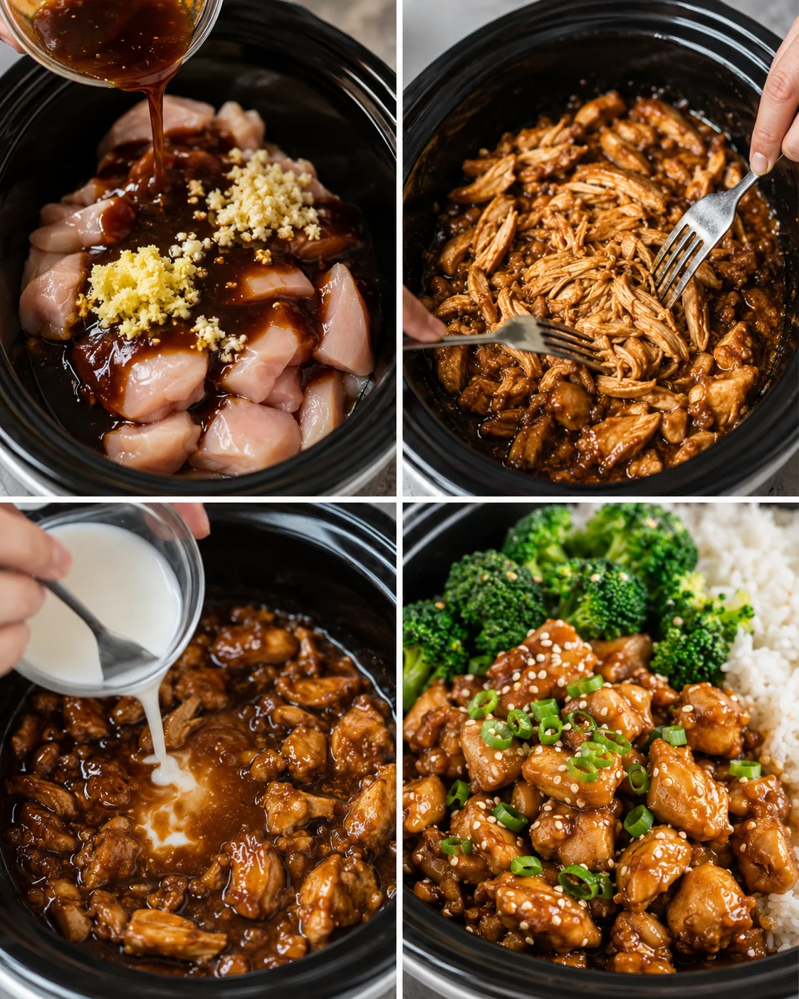 Four-panel collage showing sauce poured over chicken in a slow cooker, shredded chicken, cornstarch slurry being added, and the finished bowl