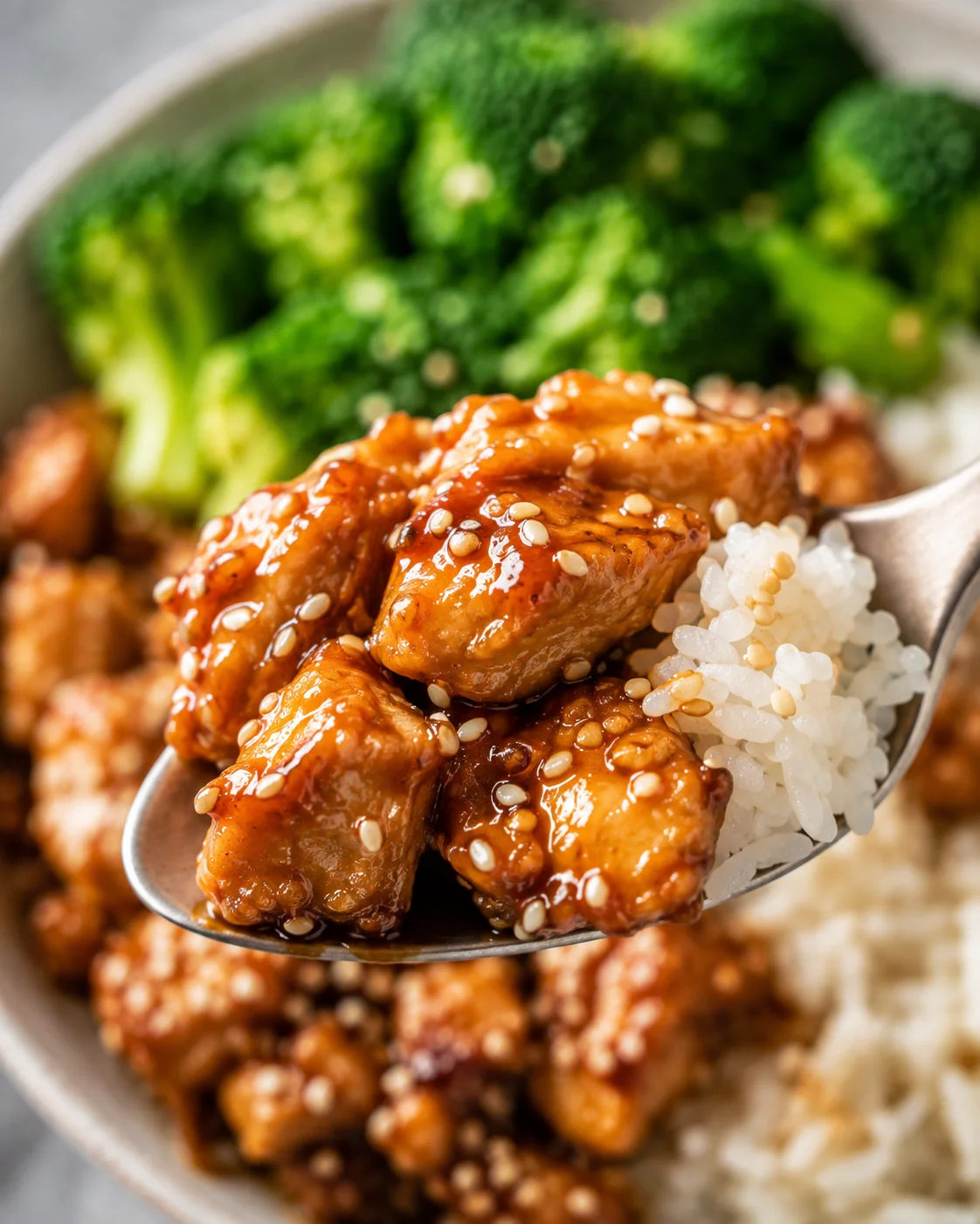 Close-up spoonful of sticky Crockpot teriyaki chicken and rice with broccoli blurred behind