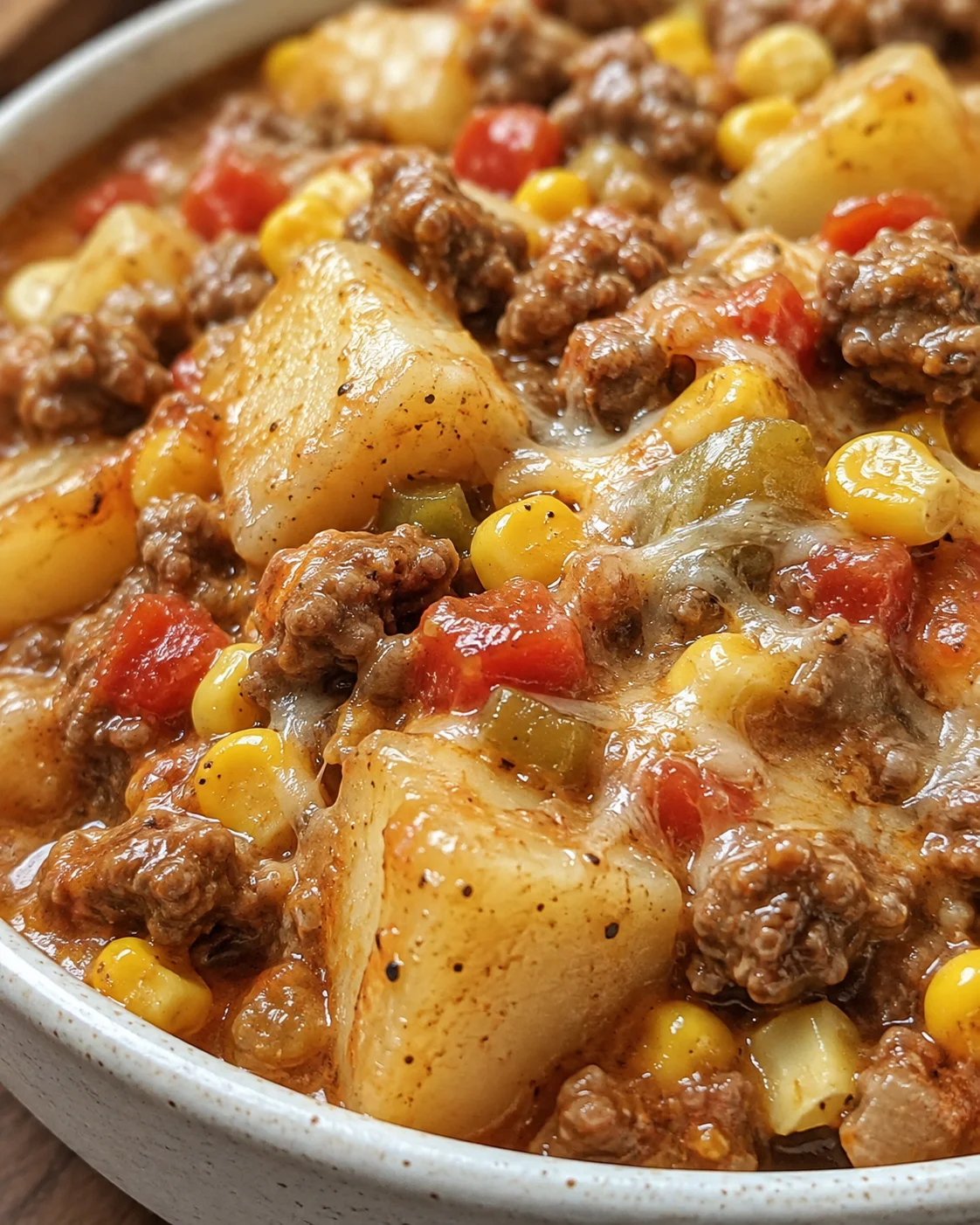 Close-up detail of Dolly Parton's ground beef casserole interior showing potatoes, corn, tomatoes and beef