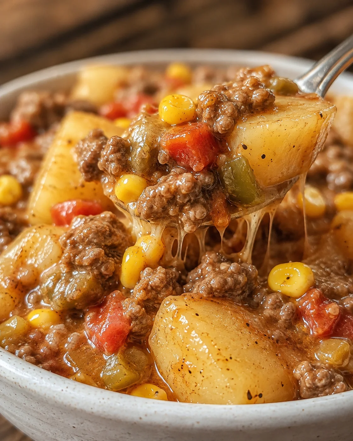 Spoon lifting a cheesy spoonful of Dolly Parton's ground beef casserole with potatoes, corn, and tomatoes
