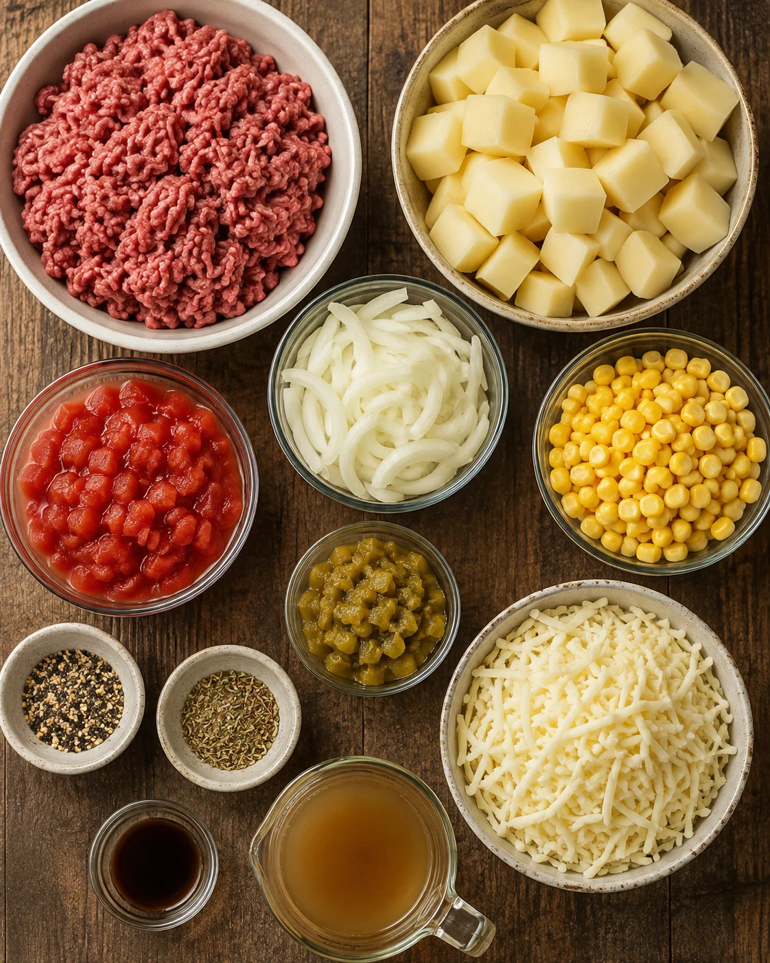 Top-down view of ingredients for Dolly Parton's ground beef casserole including ground beef, potatoes, onions, tomatoes, corn, cheese, broth and seasonings