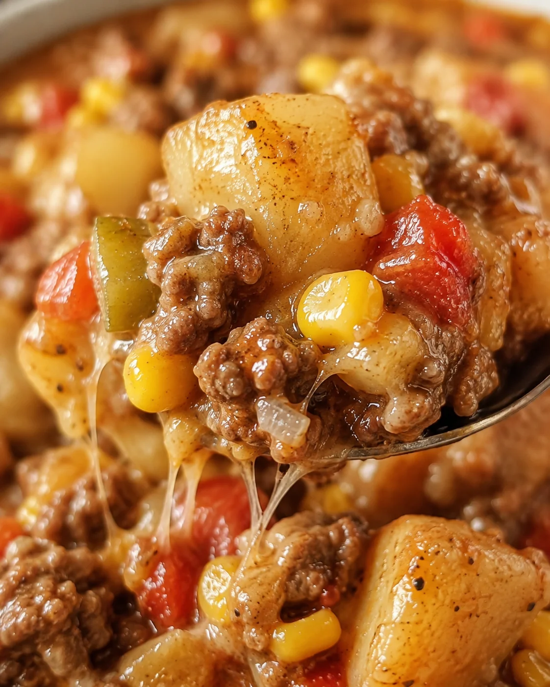 Cheesy lifted bite of Dolly Parton's ground beef casserole showing potato chunks, corn, and browned beef