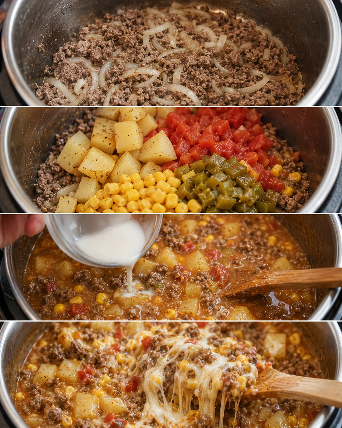 Collage of preparation steps for Dolly Parton's ground beef casserole showing browning, added vegetables and potatoes, pouring thickener, and melted cheese
