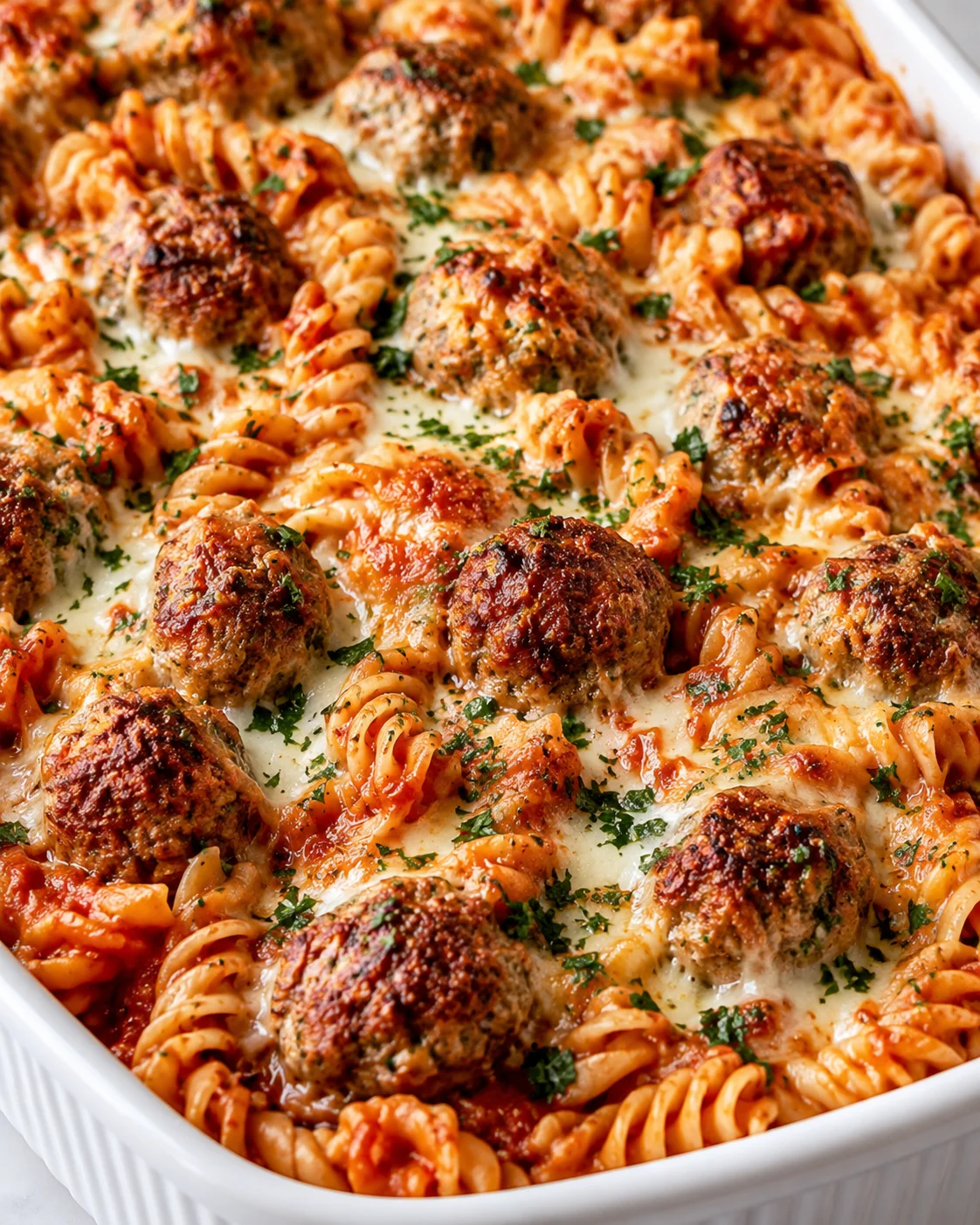Baked dump and bake meatball casserole with rotini, browned meatballs and melted cheese in a white baking dish
