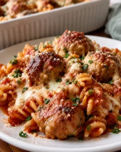 Plated portion of dump and bake meatball casserole with rotini, meatballs and melted cheese