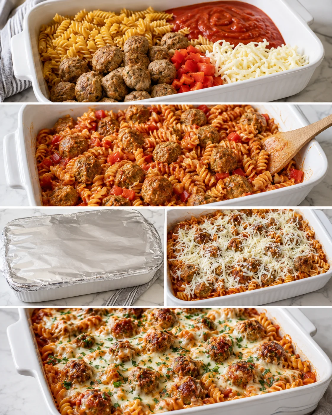 Collage of prep steps showing pasta, sauce, meatballs and cheese in a dish, stirring, covered with foil, and finished baked casserole