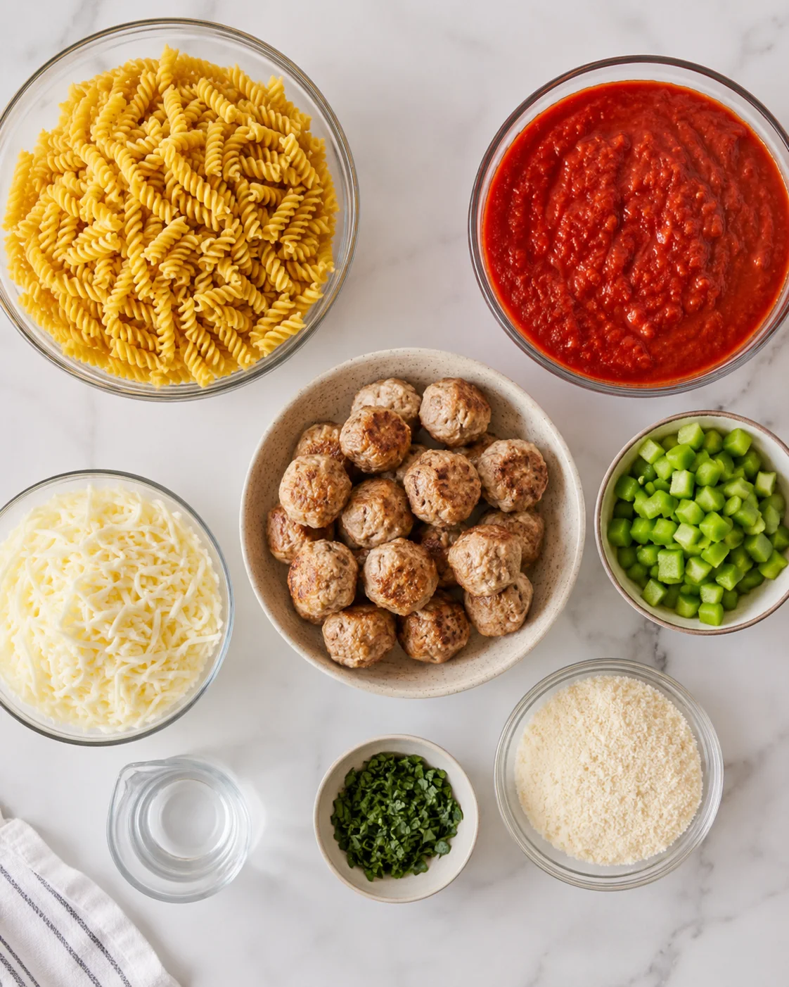 Top-down arrangement of rotini, marinara, meatballs, shredded mozzarella, chopped bell pepper, Parmesan and parsley