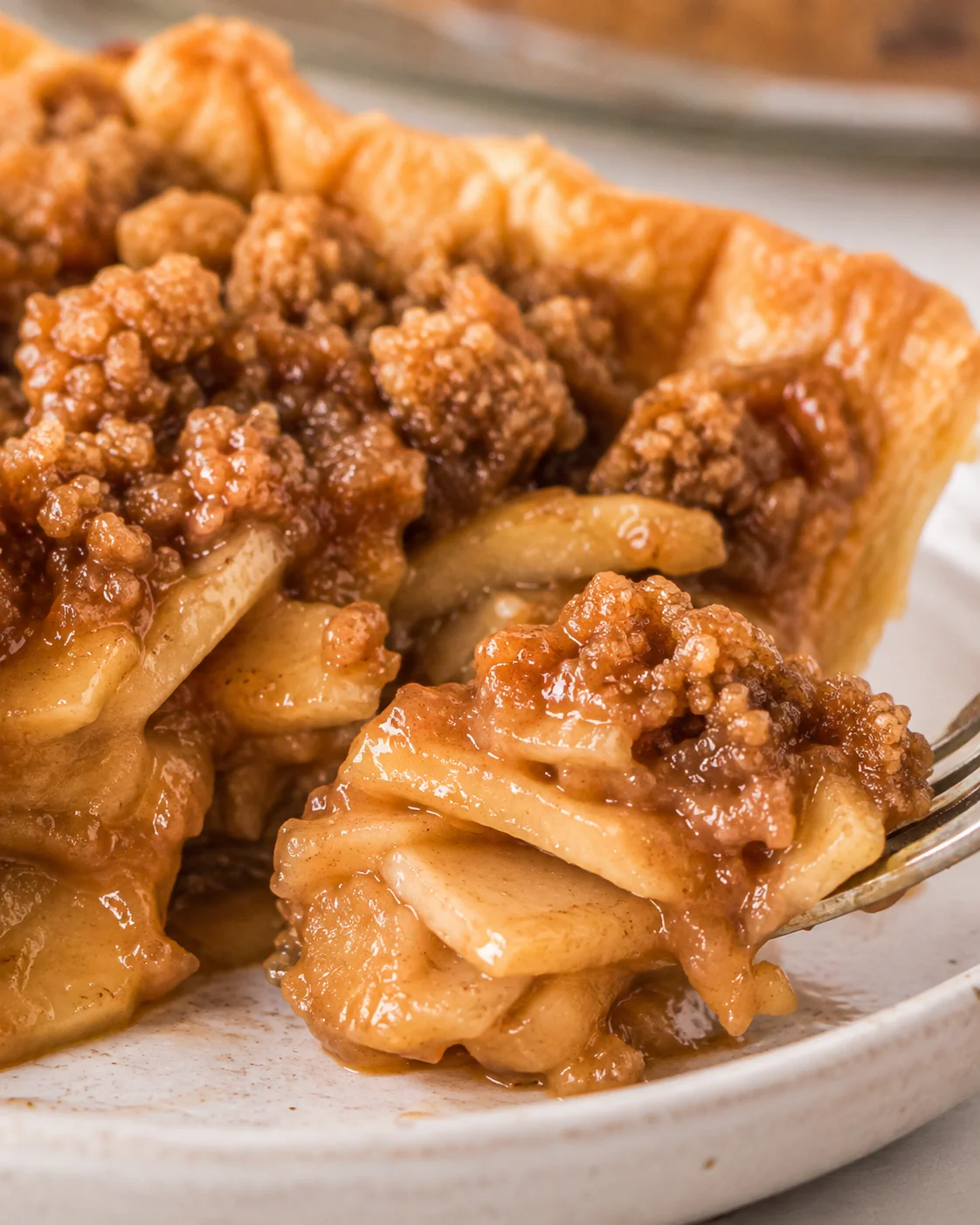 Close detail of Dutch apple pie showing apple slices and crumb topping on a forkful