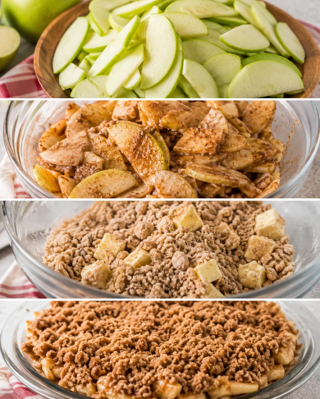 Collage showing apple slices, spiced apple filling, crumb topping with butter, and assembled pie before baking