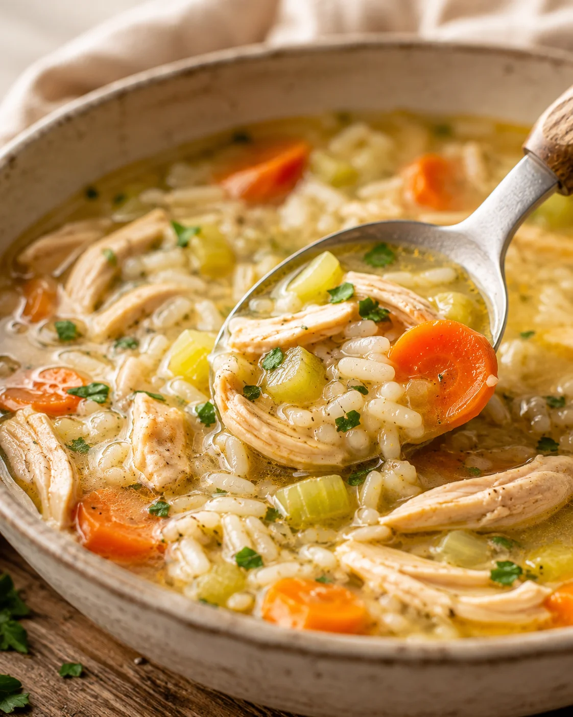 Bowl of easy chicken and rice soup with shredded chicken, rice, carrots, and celery, a spoon lifting a bite