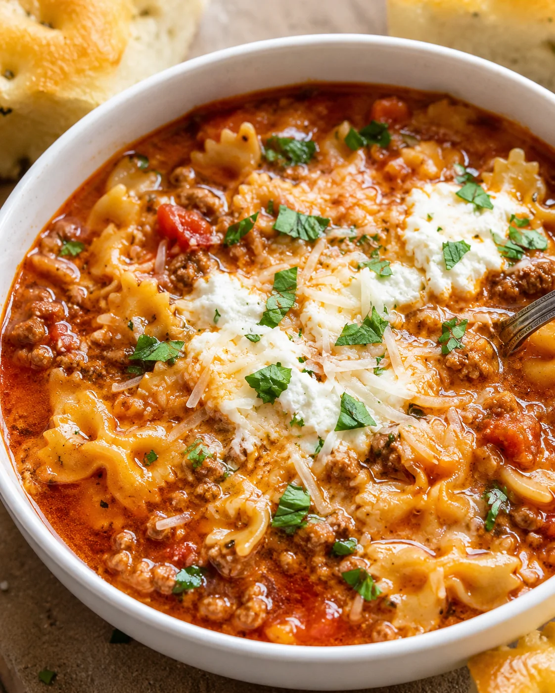 Bowl of lasagna soup topped with dollops of ricotta, shredded cheese and chopped parsley