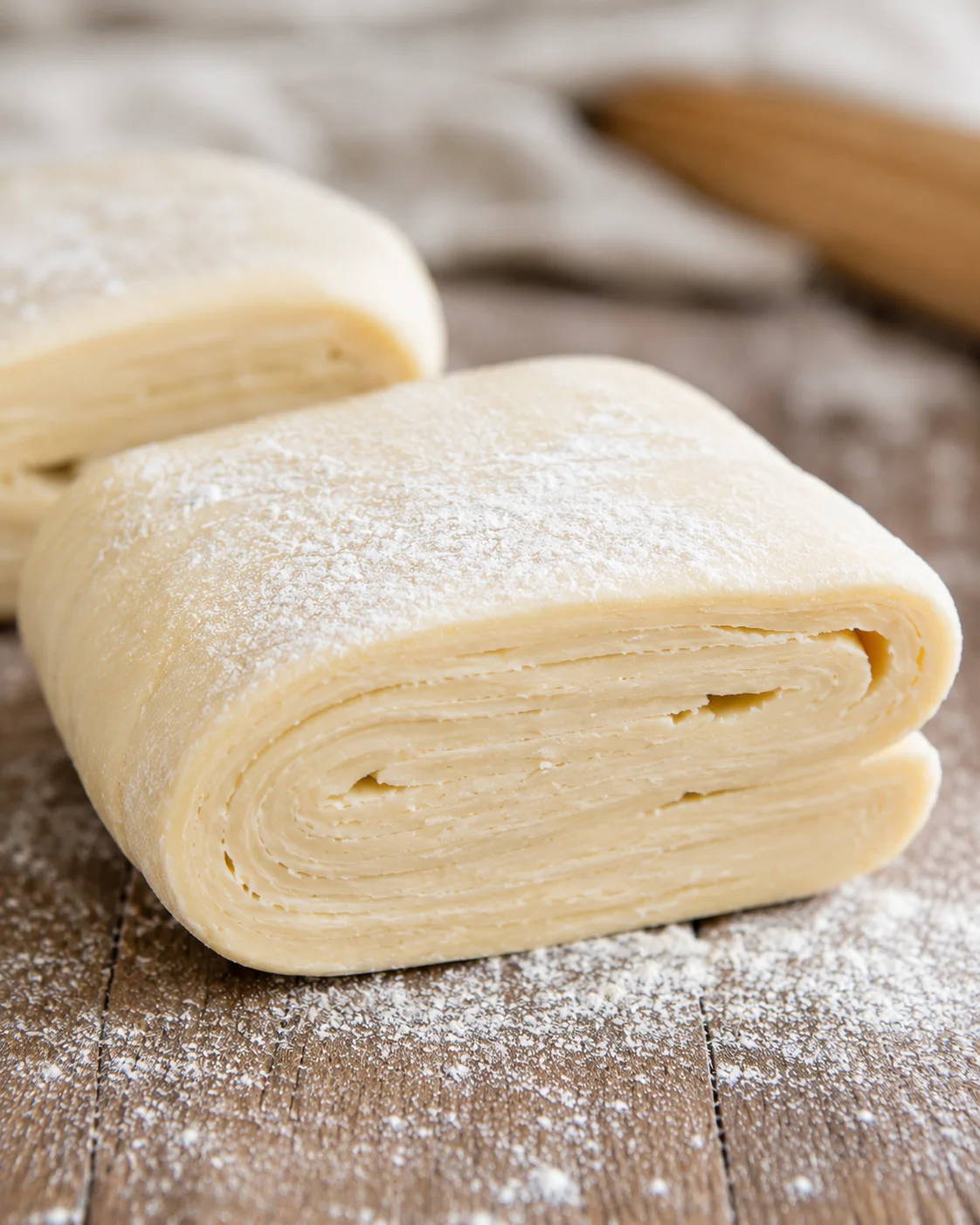 Two folded blocks of homemade puff pastry dough dusted with flour on a wooden surface.