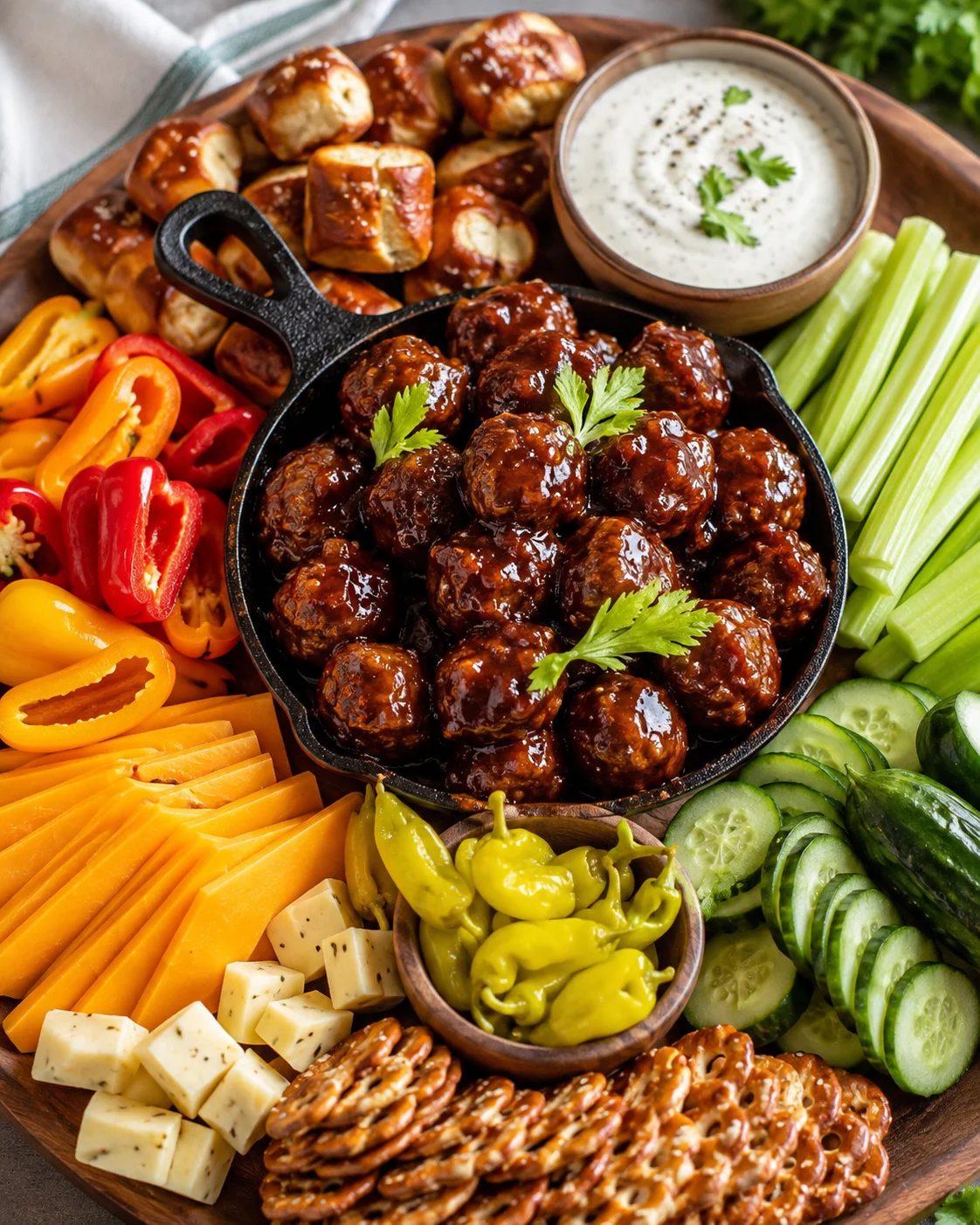 Game Day Meatball Board with glazed meatballs in a cast-iron skillet and assorted cheeses, veggies, pretzels and dip