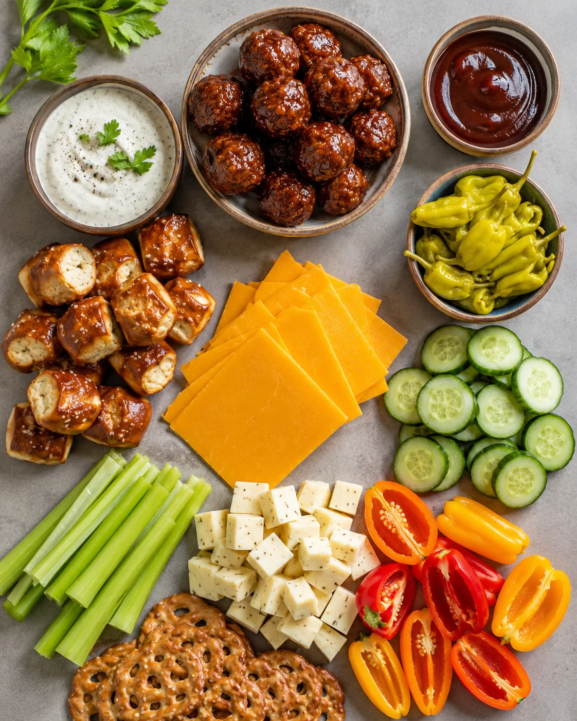 Top-down layout of prepped ingredients for the Game Day Meatball Board including bowls of meatballs and dips, cheeses, vegetables and pretzels