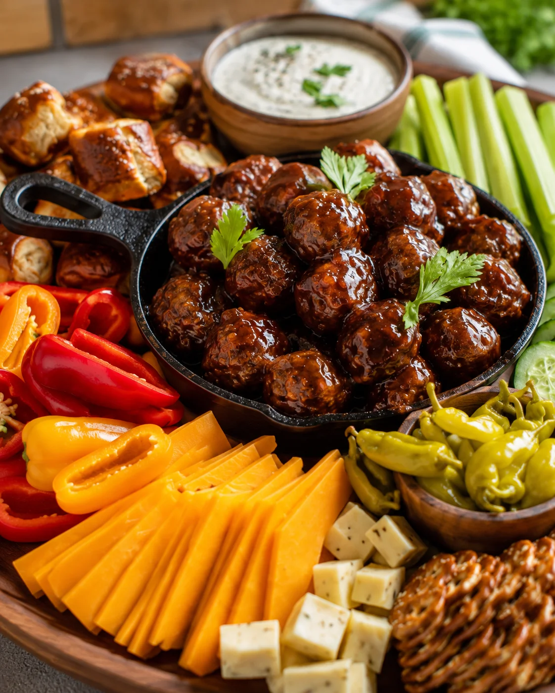 Angled close view of the Game Day Meatball Board showing sauced meatballs in a skillet with cheddar slices, pretzel bites and ranch