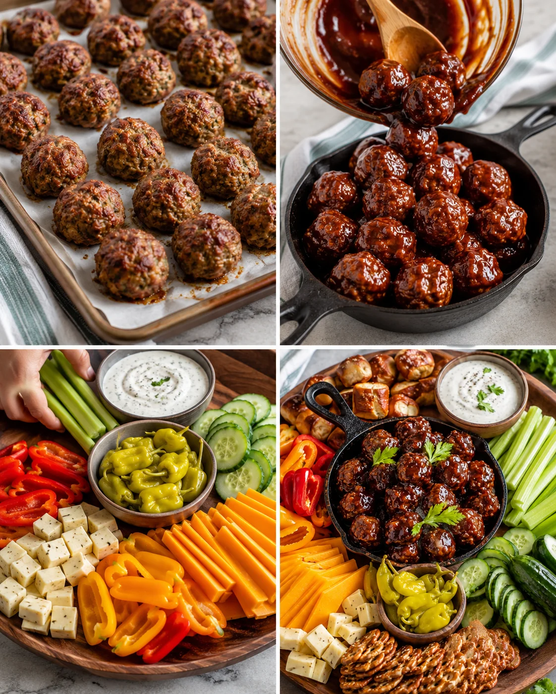 Four-panel process collage showing baked meatballs, saucing meatballs in a skillet, arranging board elements, and the finished meatball board