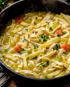 Steaming homemade chicken noodle soup in a pot with shredded chicken, egg noodles, carrots and celery