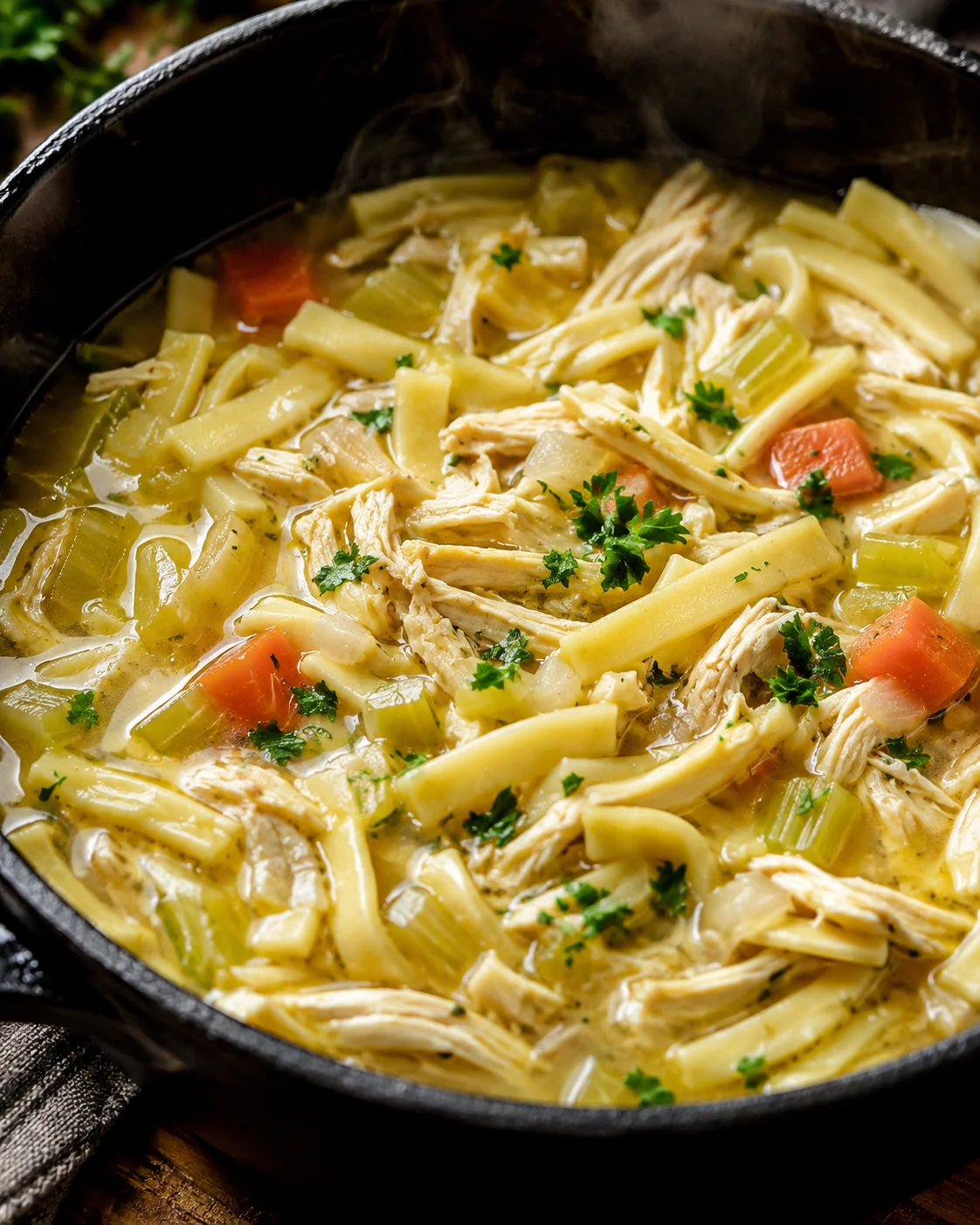 Steaming homemade chicken noodle soup in a pot with shredded chicken, egg noodles, carrots and celery