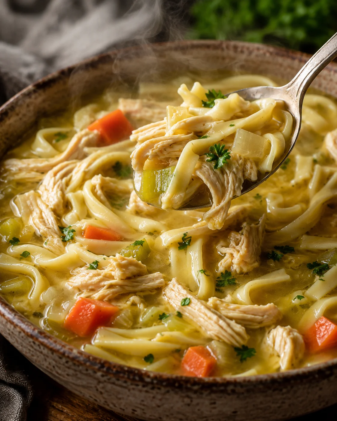 Spoon lifting a steaming bite of homemade chicken noodle soup with noodles, shredded chicken and vegetables