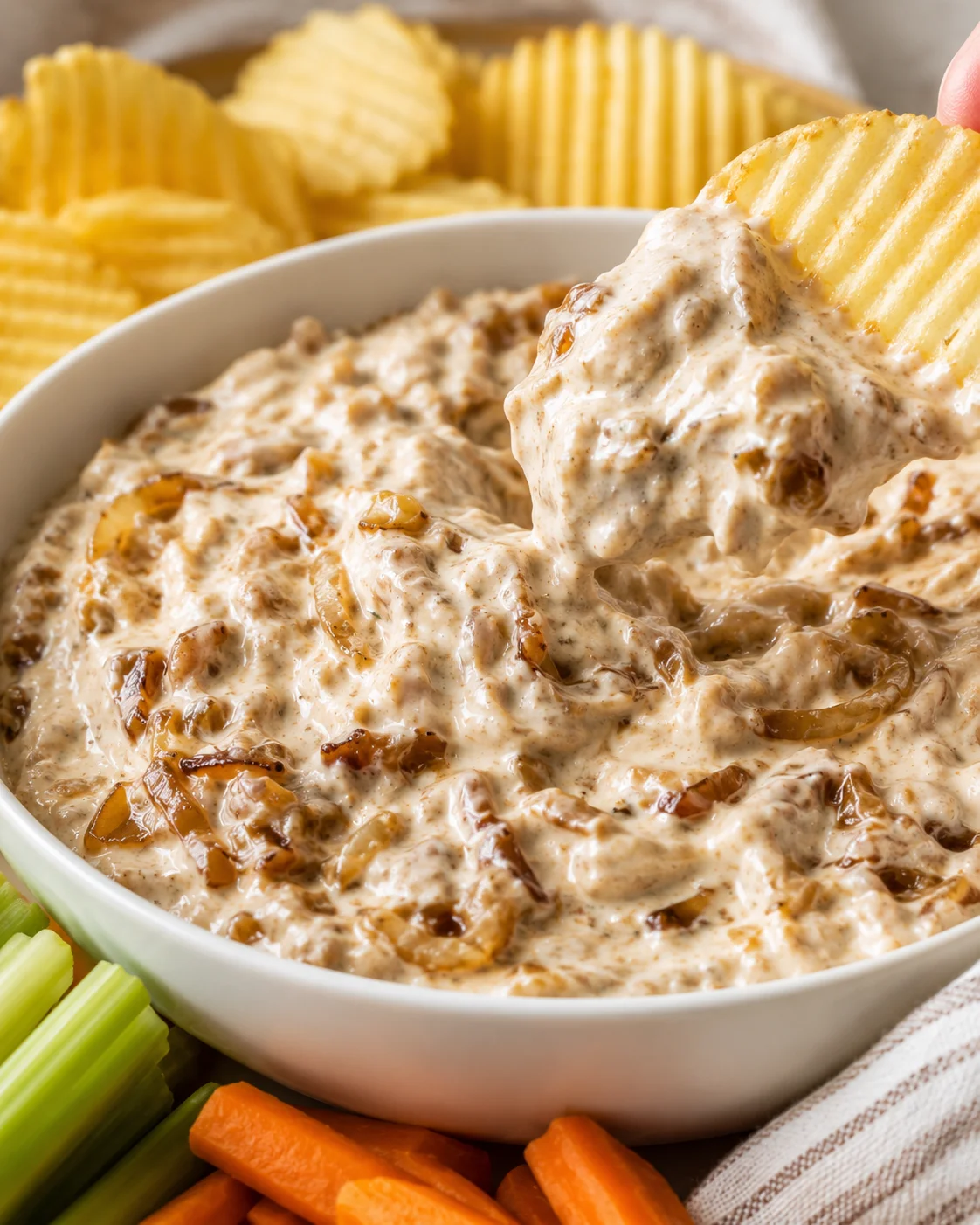 Ridged potato chip scooping a spoonful of caramelized onion dip from a bowl