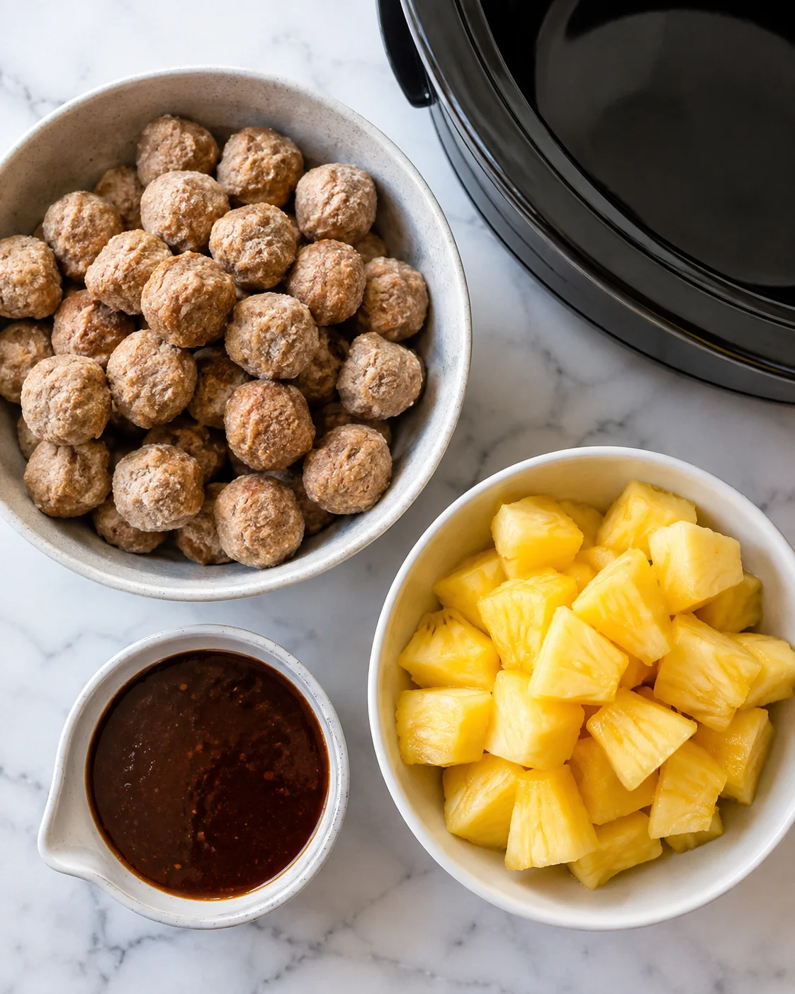 Top-down view of bowls with frozen meatballs, pineapple chunks, teriyaki sauce and a slow cooker