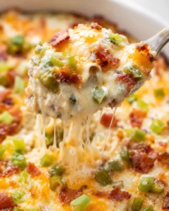 Spoonful close-up showing gooey cheese, bacon bits, and diced jalapeños in the jalapeño popper dip