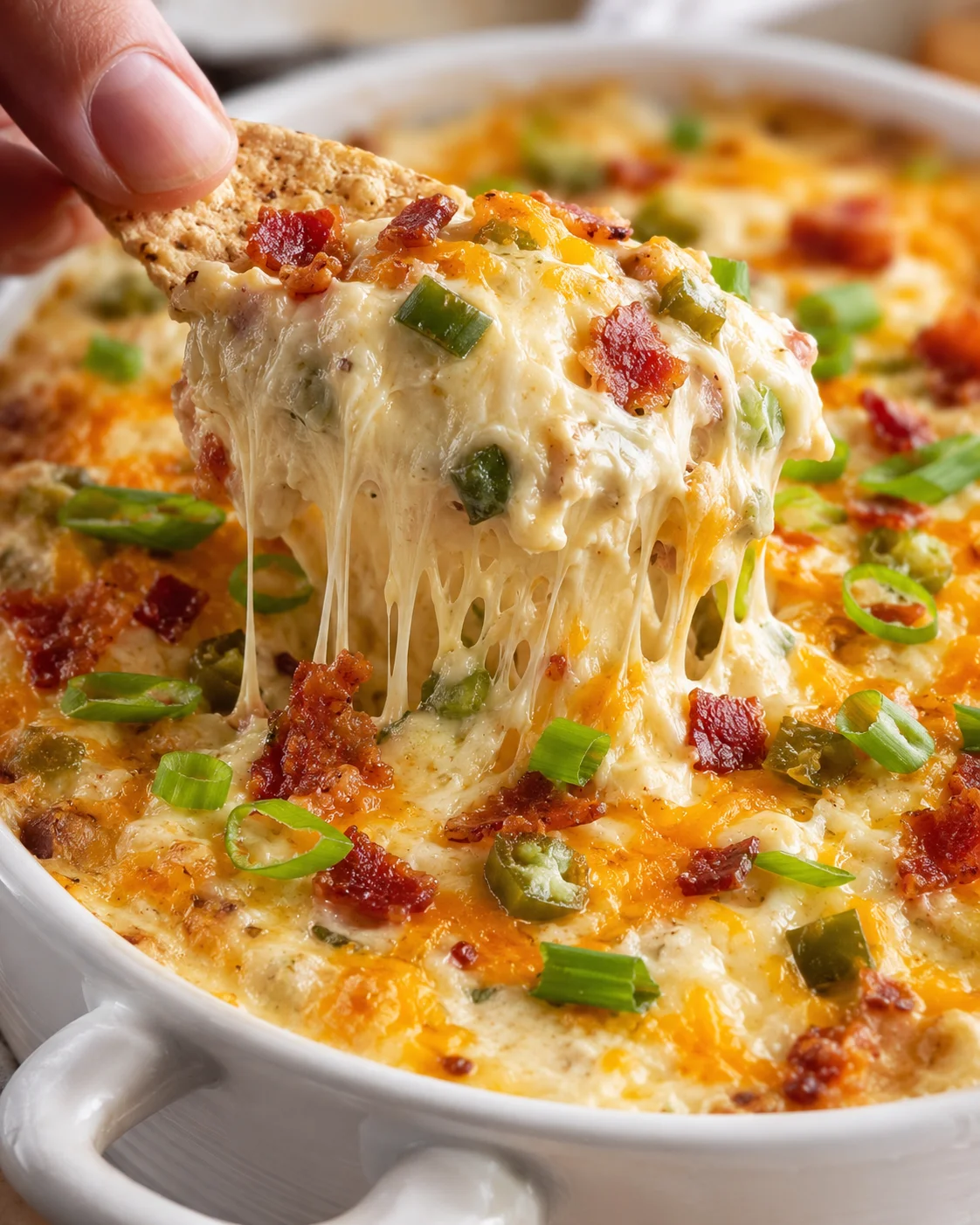 Chip lifting a cheesy scoop of jalapeño popper dip topped with bacon and scallions