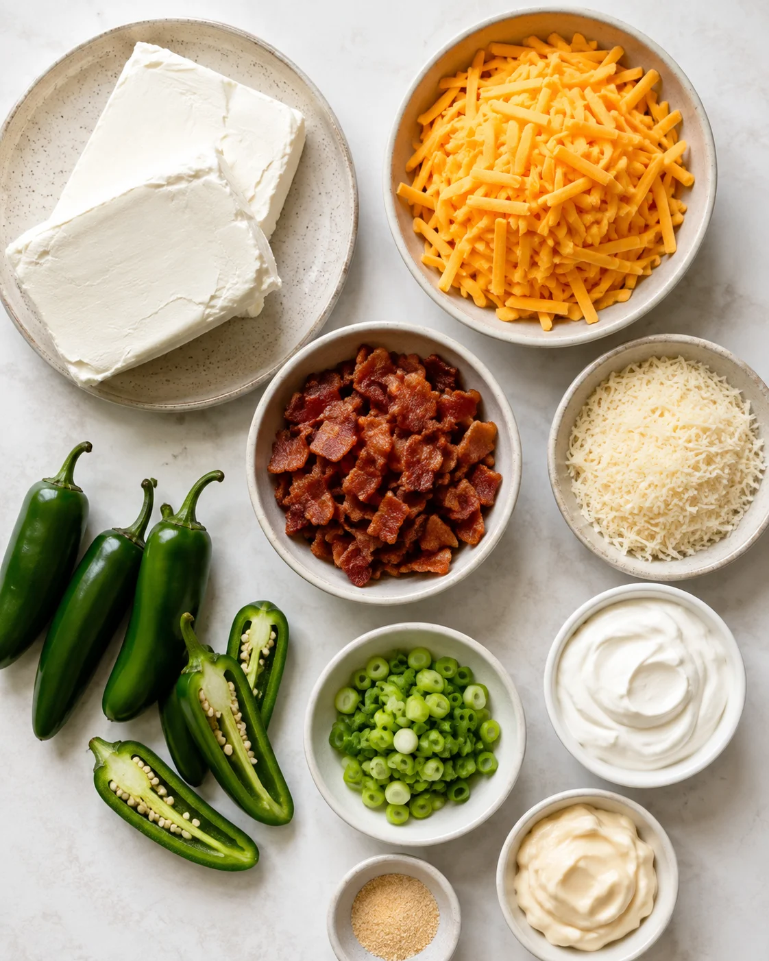 Top-down view of cream cheese, shredded cheddar, bacon, jalapeños, scallions, mayo and Parmesan for jalapeño popper dip