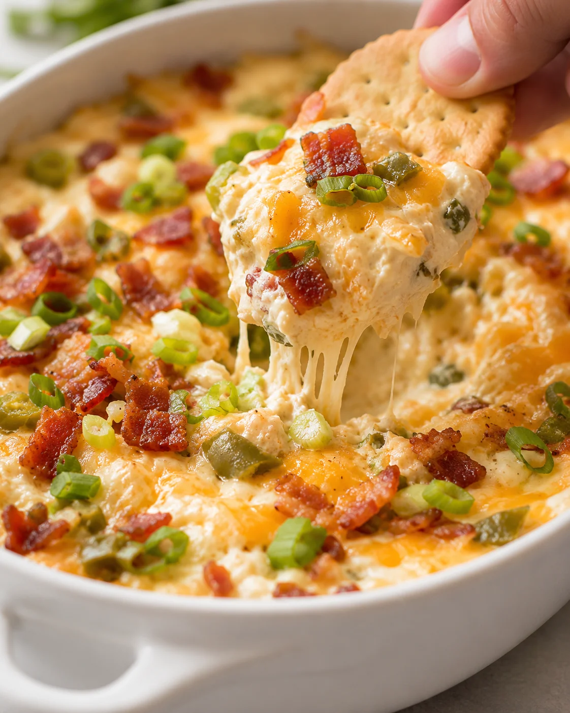 Cracker lifting a portion of baked jalapeño popper dip with melted cheese, bacon, and jalapeño