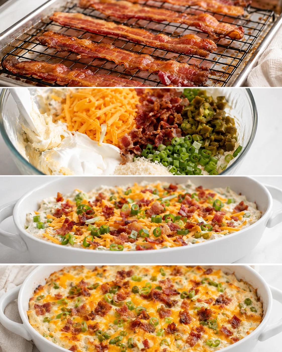Four-panel sequence showing bacon baking, mixing ingredients, assembled dip in dish, and baked jalapeño popper dip