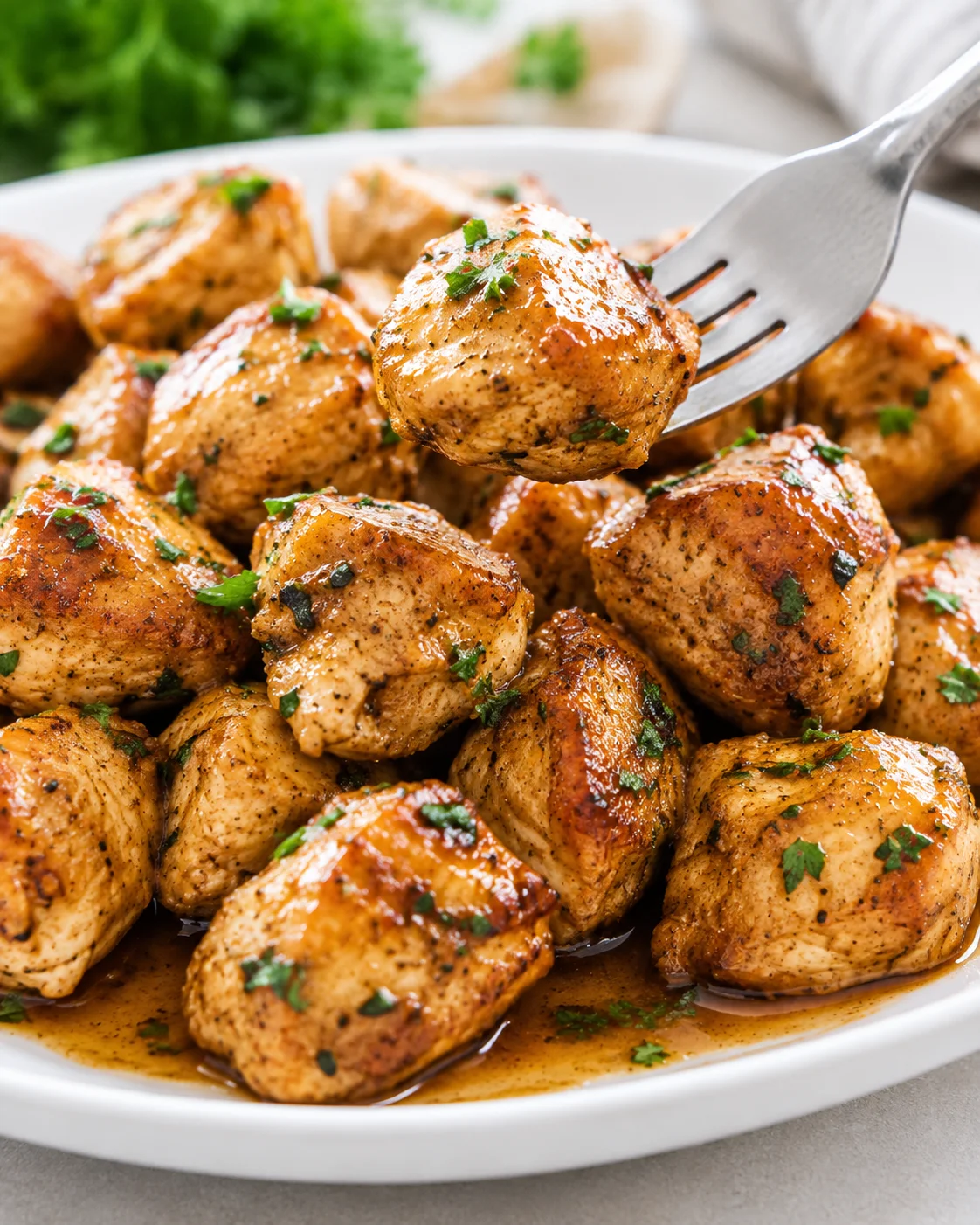 Fork lifting a juicy oven baked chicken bite from a plate of glazed pieces