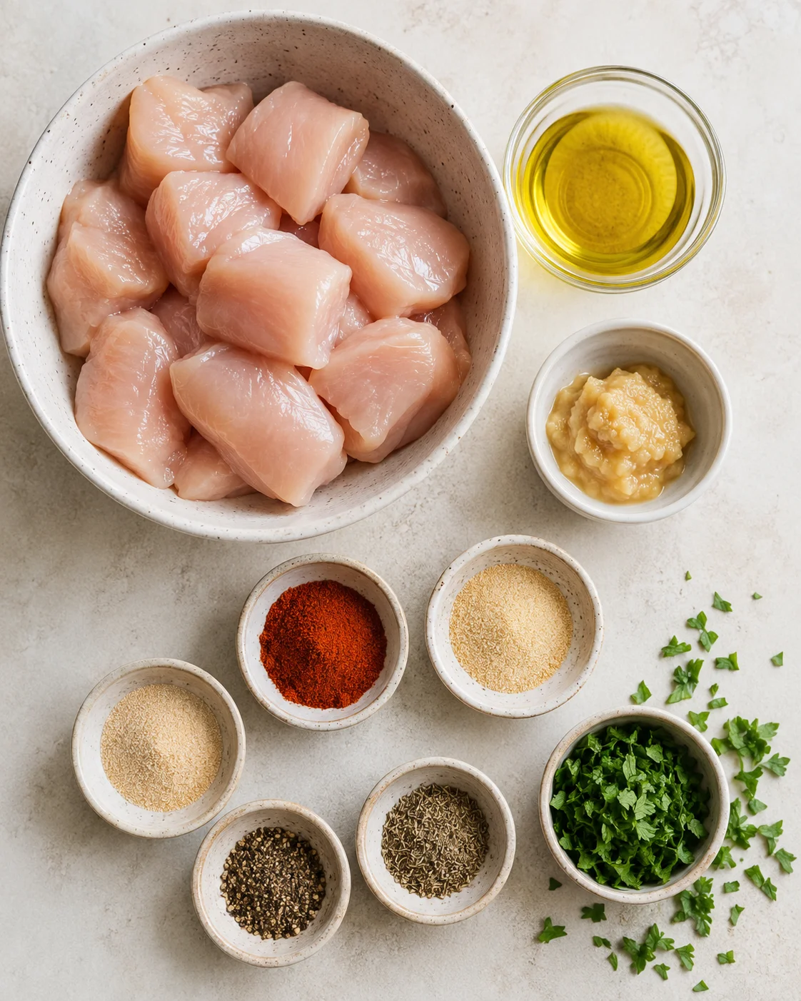Top-down view of raw chicken pieces and small bowls of oil, garlic, paprika and other seasonings