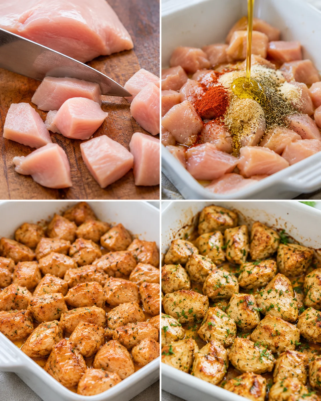 Collage of cutting, seasoning, and baking steps for juicy oven baked chicken bites