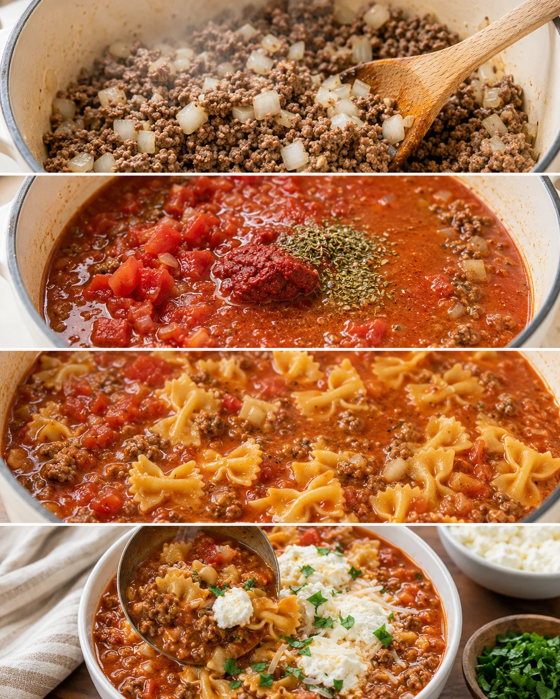 Four-panel sequence showing browning beef and onions, added tomatoes and seasonings, simmering pasta in broth, and ladling finished lasagna soup