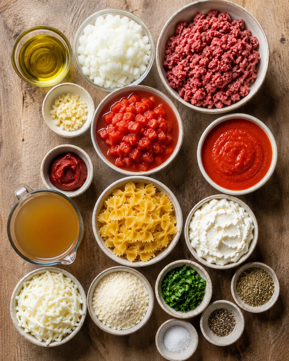 Top-down arrangement of ingredients for lasagna soup including ground beef, pasta, cheeses, tomatoes, broth and seasonings in bowls