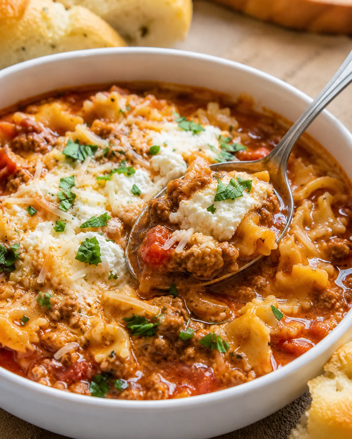 Spoon lifting a cheesy spoonful of lasagna soup with ricotta and bowtie pasta from a white bowl