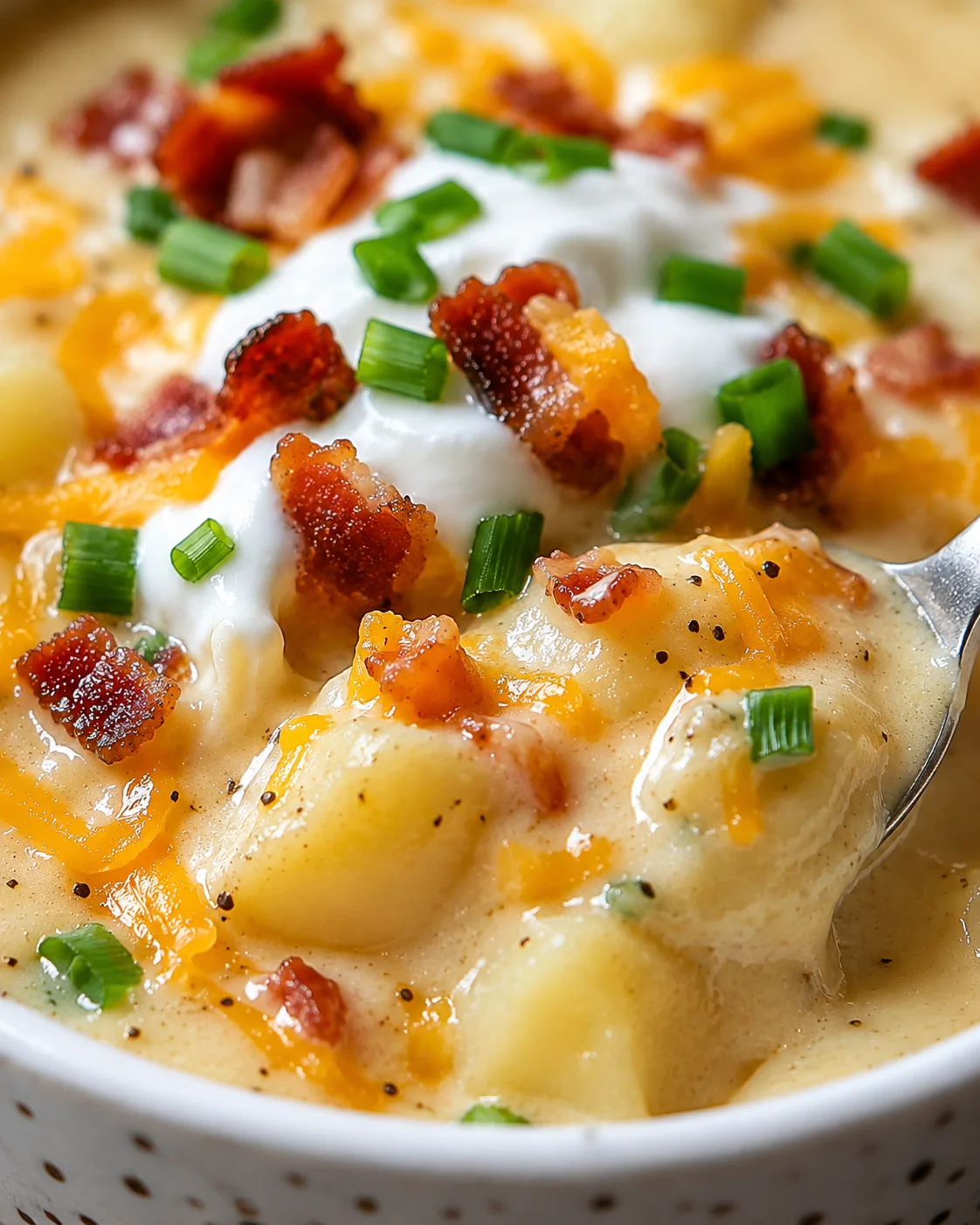 Close texture detail of loaded baked potato soup with bacon, cheese and chives