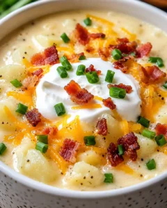 Bowl of loaded baked potato soup with sour cream, shredded cheddar, bacon and chives