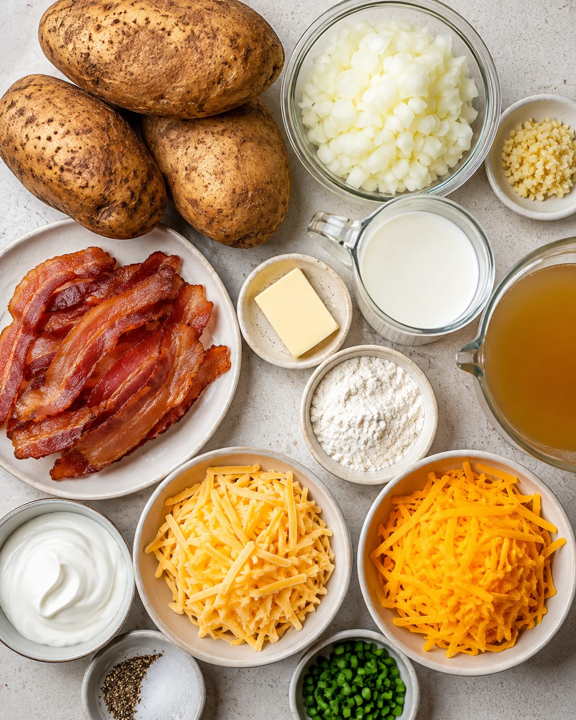 Top-down arrangement of potatoes, bacon, cheeses, milk, butter and other ingredients for loaded baked potato soup