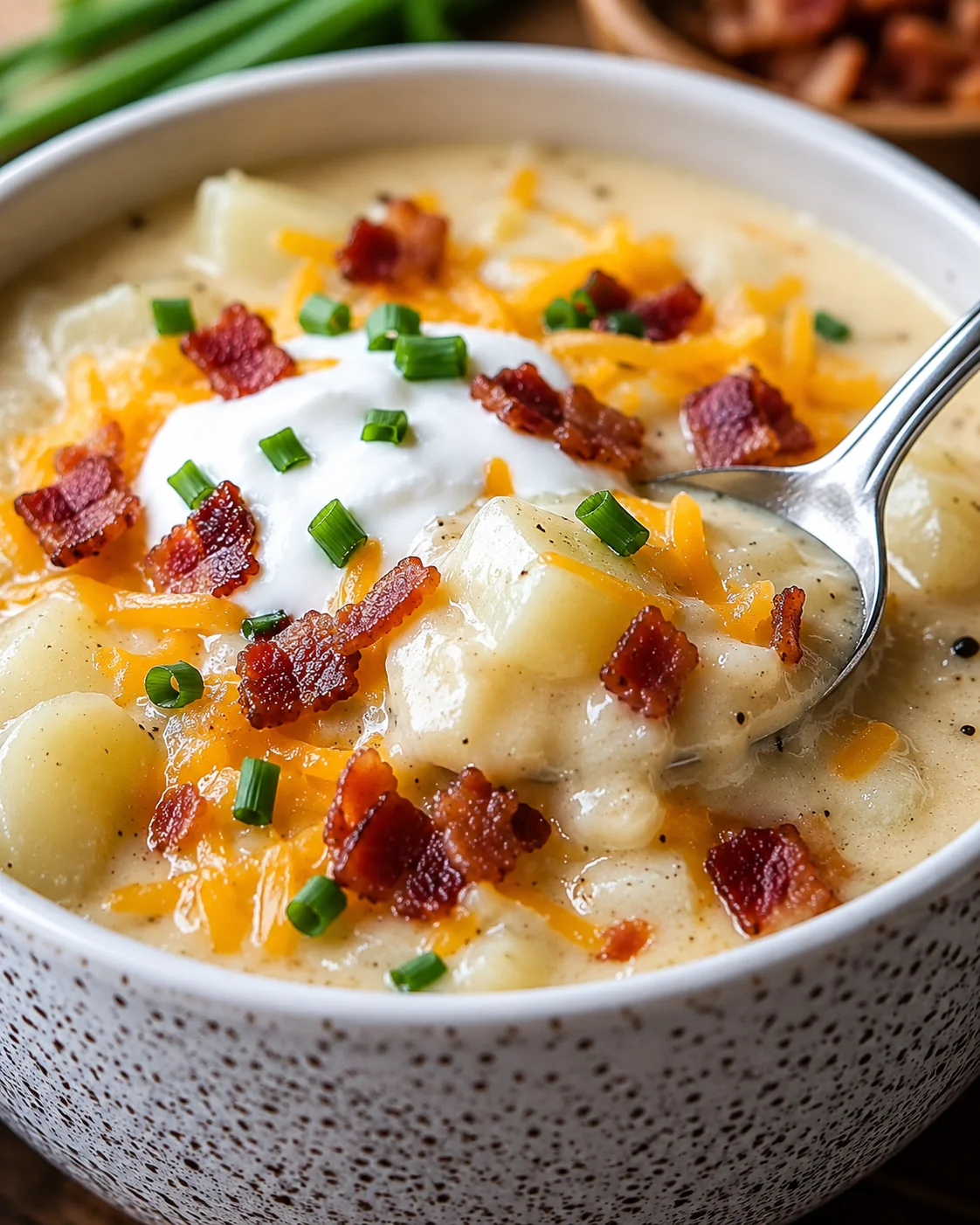 Spoon lifting a portion of loaded baked potato soup from a bowl topped with sour cream and bacon