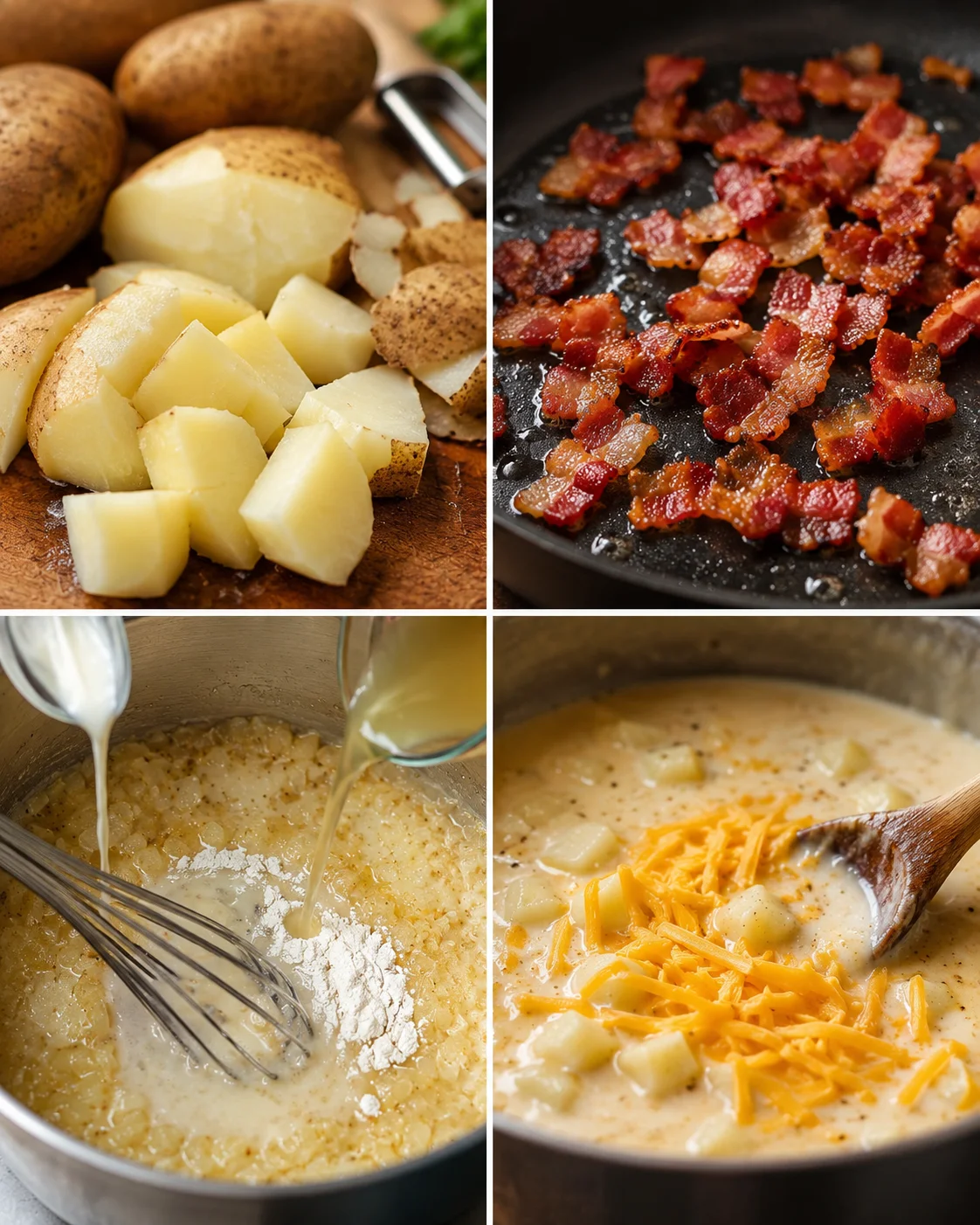 Four-panel sequence showing chopping potatoes, frying bacon, making roux and adding cheese to soup
