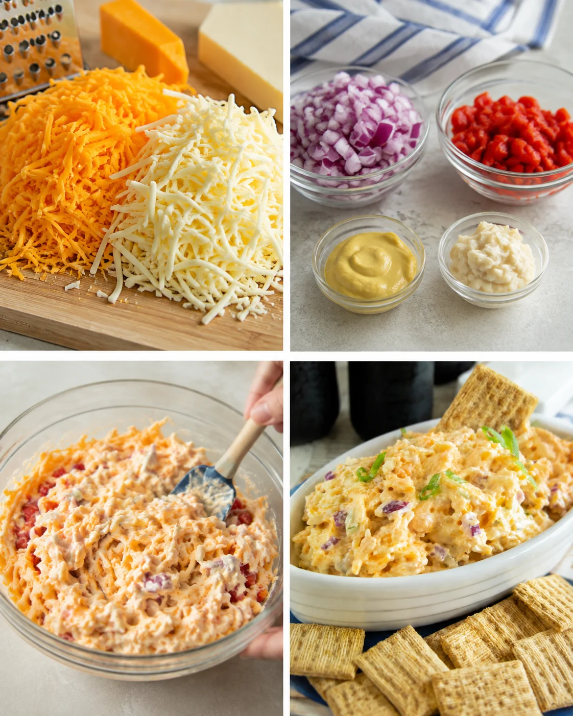 Collage showing shredding cheese, prepped bowls of ingredients, mixing the dip, and the finished 5 minute crack dip