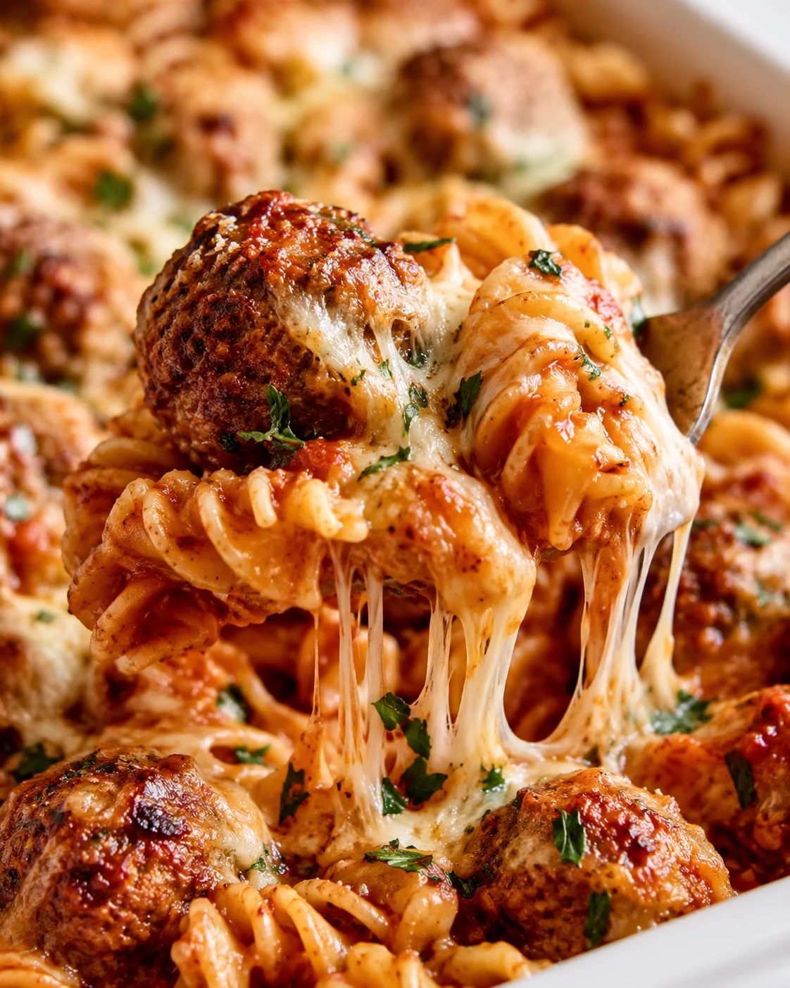 Fork lifting a cheesy forkful of rotini and a meatball from the casserole with melted cheese stretching