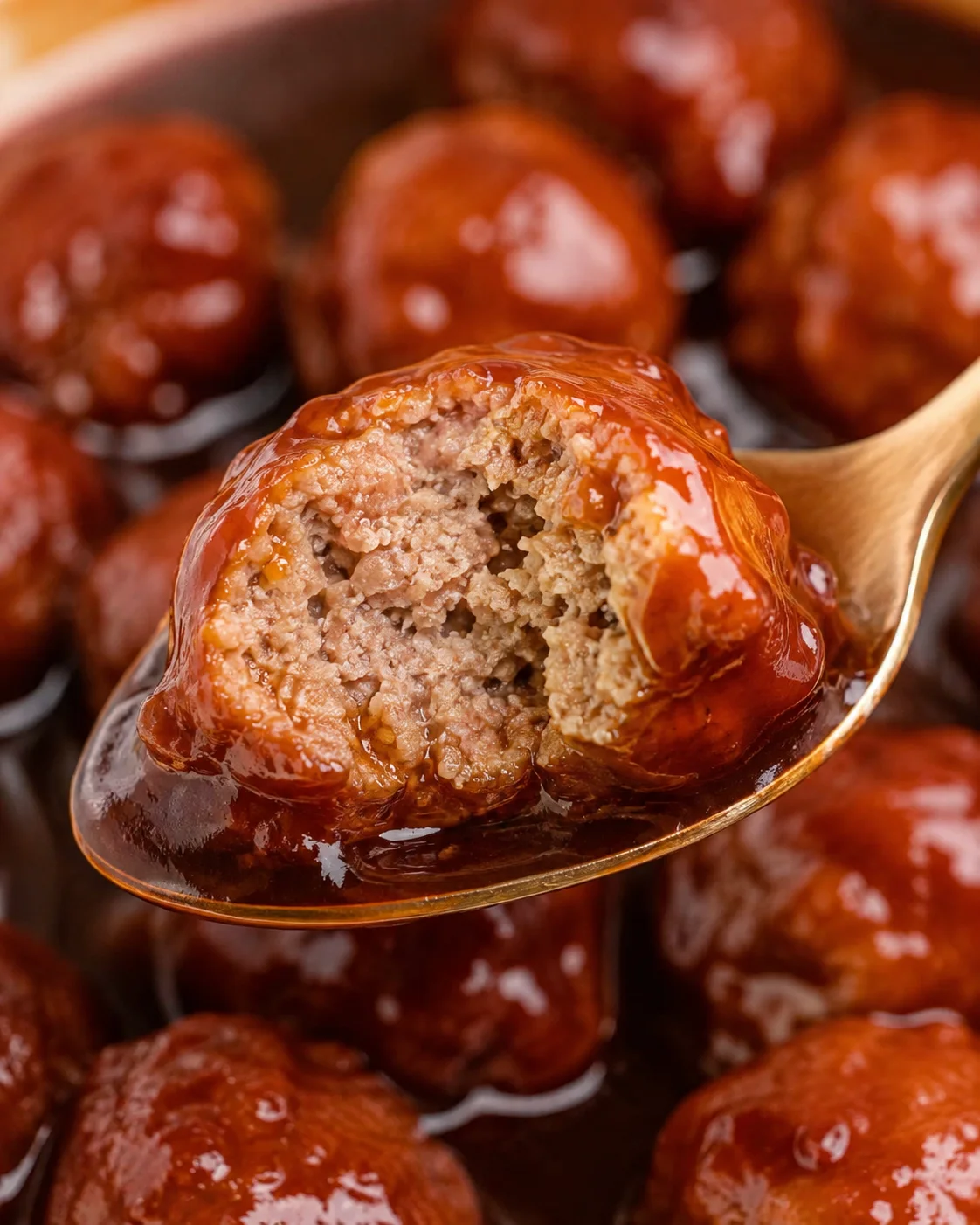 Cross-section of a crockpot grape jelly meatball on a spoon showing the cooked interior and glossy sauce