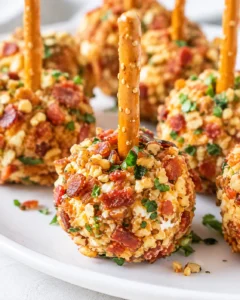 Close-up of a mini cheese ball coated in bacon and chopped nuts with a pretzel stick, on a white plate