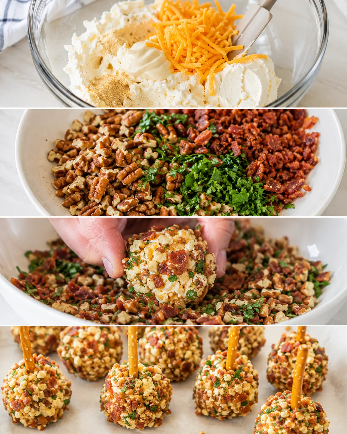 Four-panel sequence showing mixing the cheese base, chopped nuts and bacon with herbs, forming a ball, and finished mini cheese balls on pretzel sticks